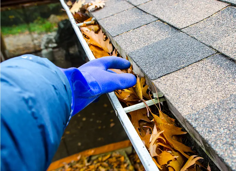 Hand removing leaves from gutter